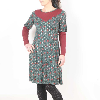 Green, red and golden stretchy dress with leg-of-mutton sleeves