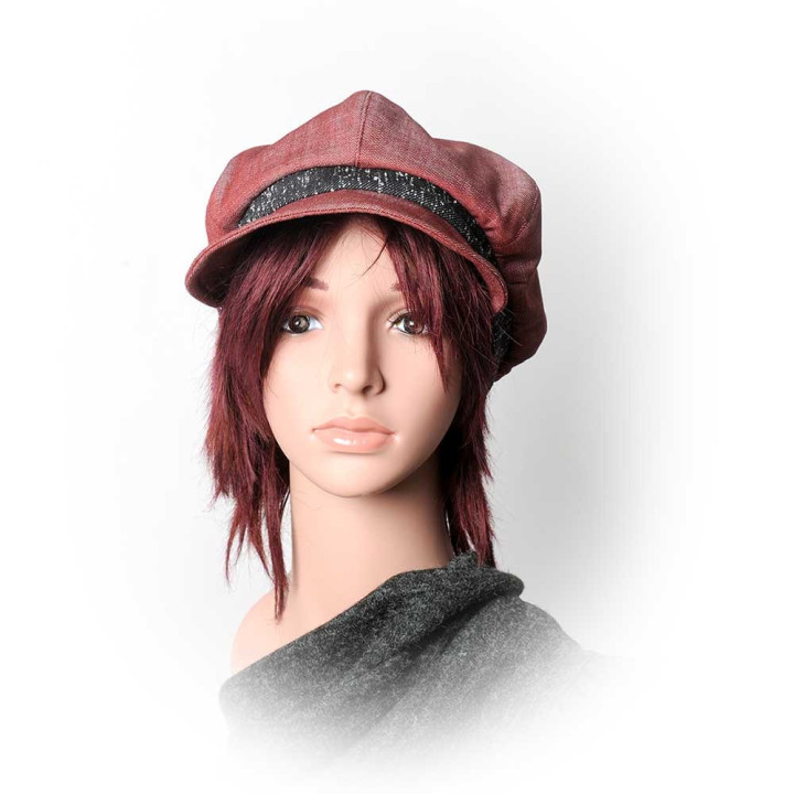 Red and black denim newsboy cap hat