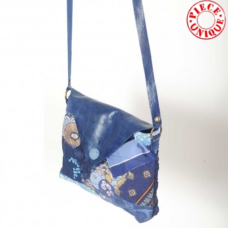 Petit original fabriqué en France sac en cuir bleu et patchwork de tissus