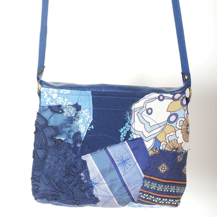 Blue shoulder bag, leather and fabric patchwork