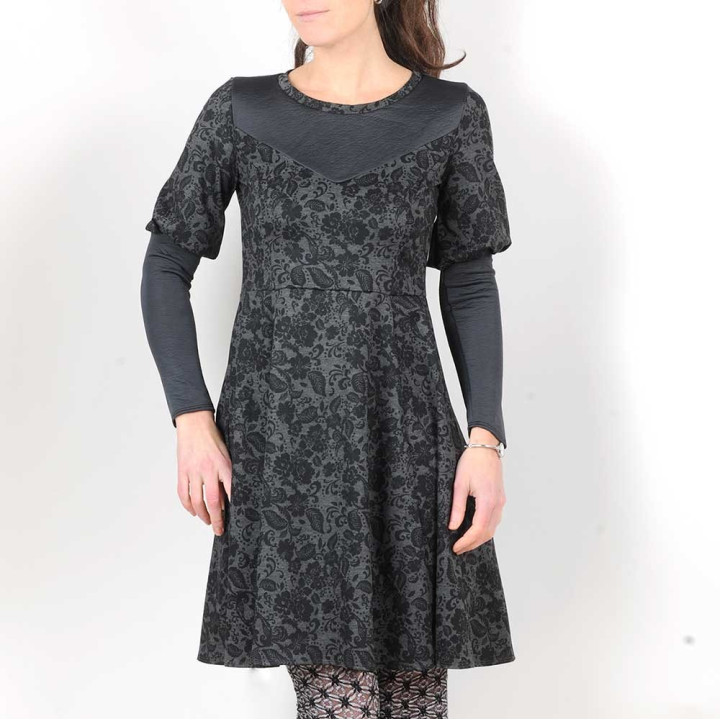 Black and grey floral stretchy dress with leg-of-mutton sleeves