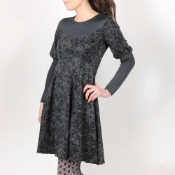 Black and grey floral stretchy dress with leg-of-mutton sleeves