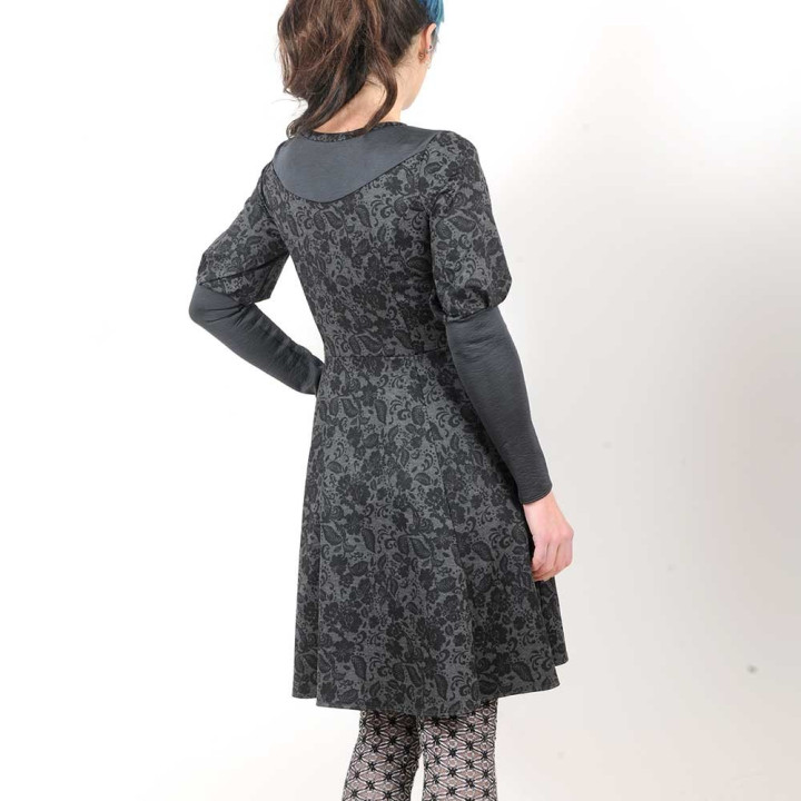 Black and grey floral stretchy dress with leg-of-mutton sleeves