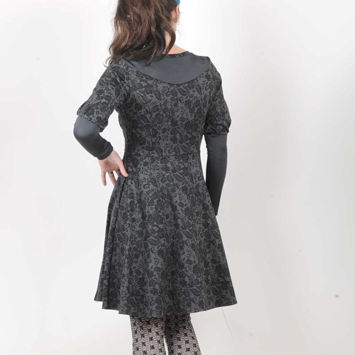 Black and grey floral stretchy dress with leg-of-mutton sleeves