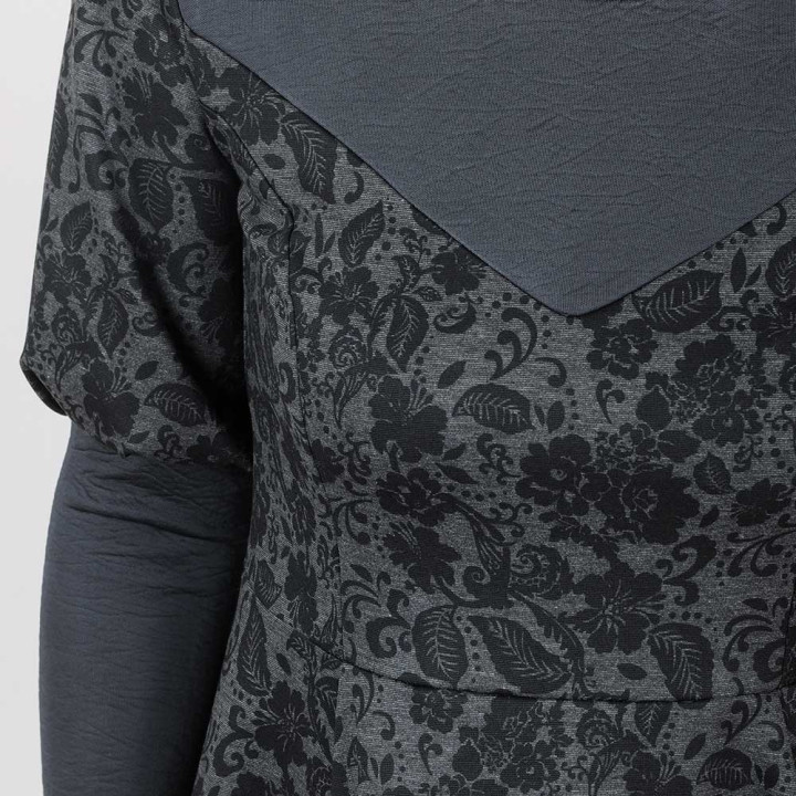 Robe fait main en france  originale fabriquée en France stretch fleurie grise et noire, manches gigot