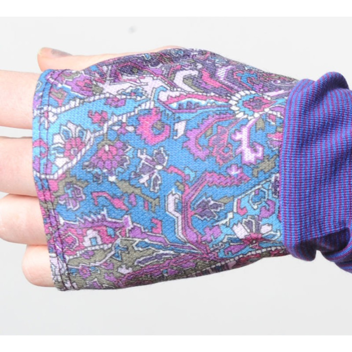 Long armwarmers in a patchwork of purple jersey fabrics
