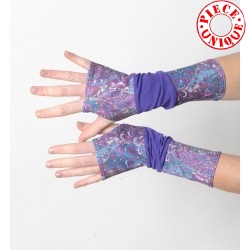 Long armwarmers in a patchwork of purple jersey fabrics