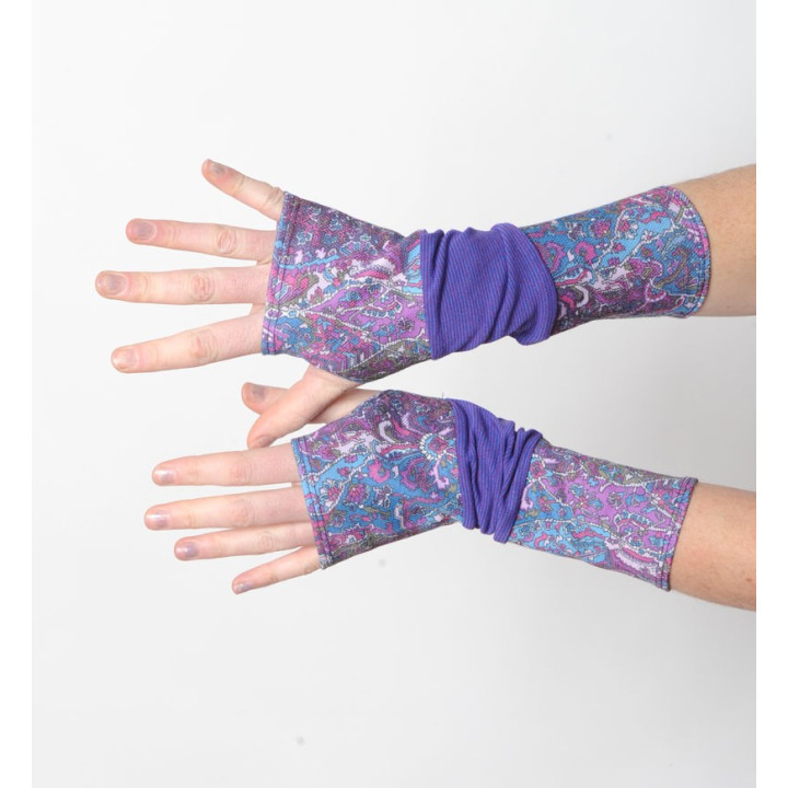 cadeau pour femme Mitaines originales longues en patchwork de jersey violet