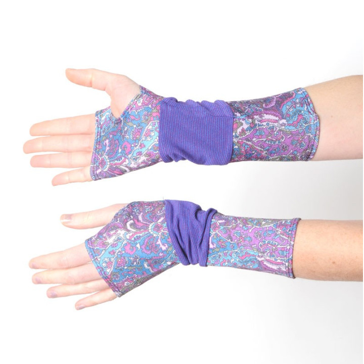 Long armwarmers in a patchwork of purple jersey fabrics