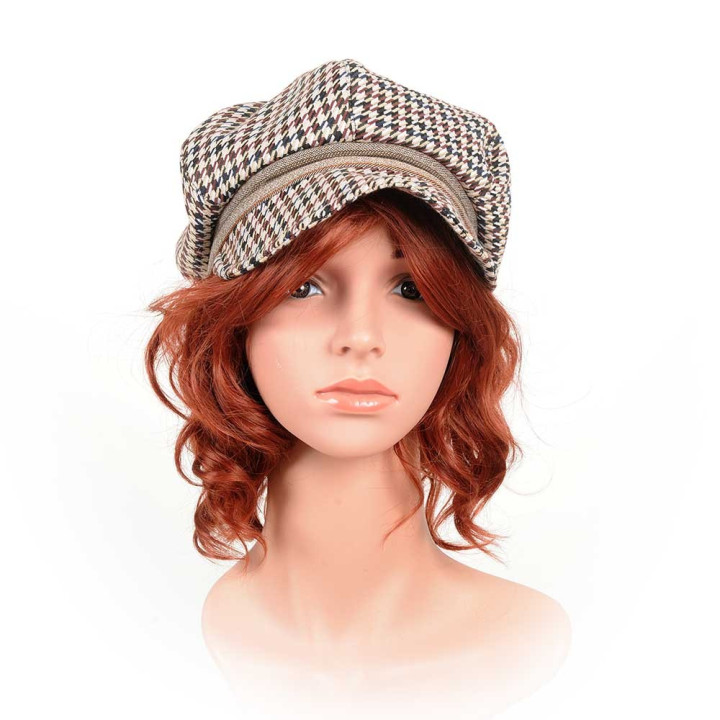 Casquette gavroche fabriquée en France créateur femme pied de poule beige et marron