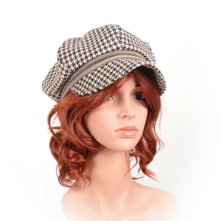 Casquette gavroche fabrication artisanale pied de poule beige et marron