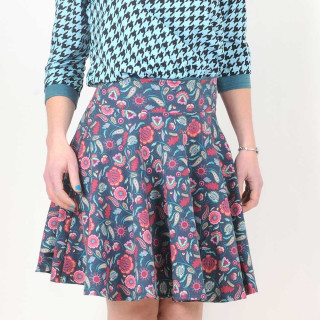 Flared jersey skirt, floral navy and pink cotton jersey