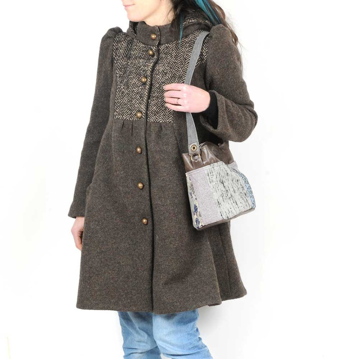 Brown leather, grey patchwork bucket bag, shoulder strap