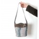 Brown leather, grey patchwork bucket bag, shoulder strap