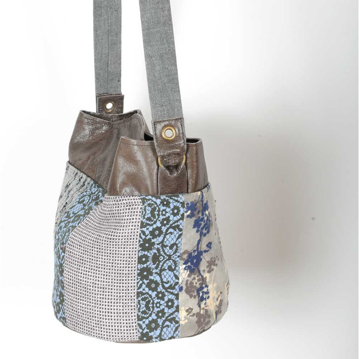 Brown leather, grey patchwork bucket bag, shoulder strap