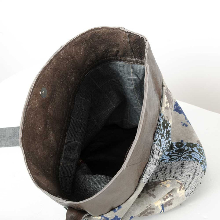 Brown leather, grey patchwork bucket bag, shoulder strap