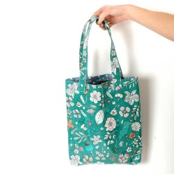 Green floral beach or shopping tote bag, coated cotton