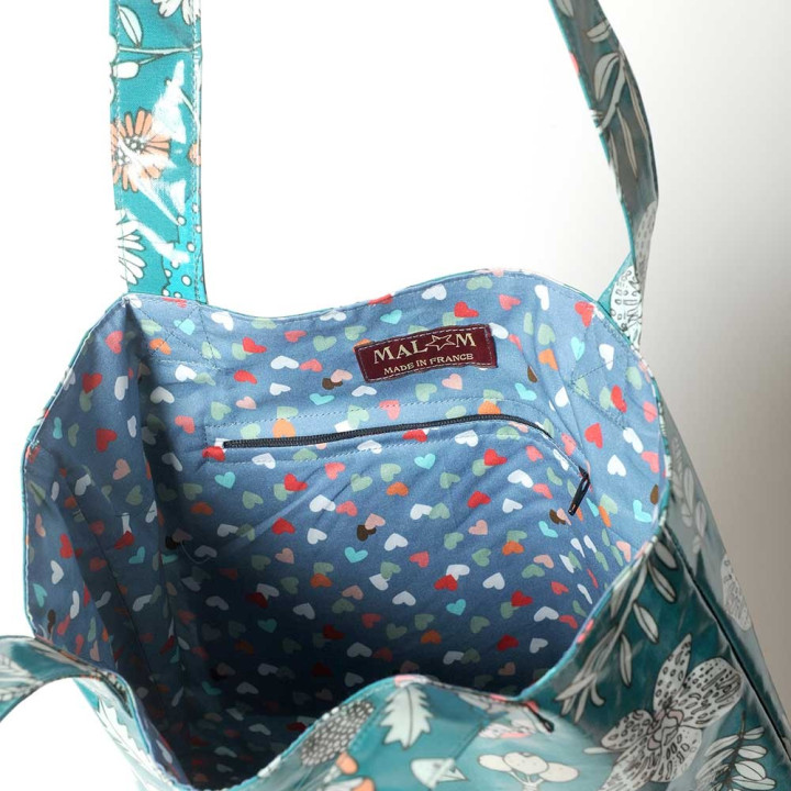 Sac shopping ou plage original de créateur en coton enduit vert fleurs