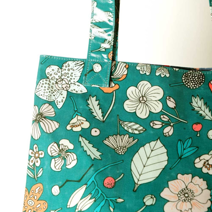 Sac shopping ou plage cadeau pour femme en coton enduit vert fleurs