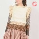 Short beige jersey top with lace patterned ruffles