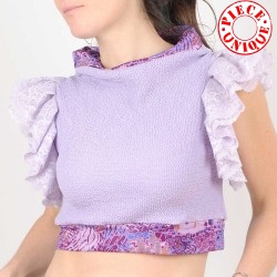 Cropped lilac jersey top with lace ruffles