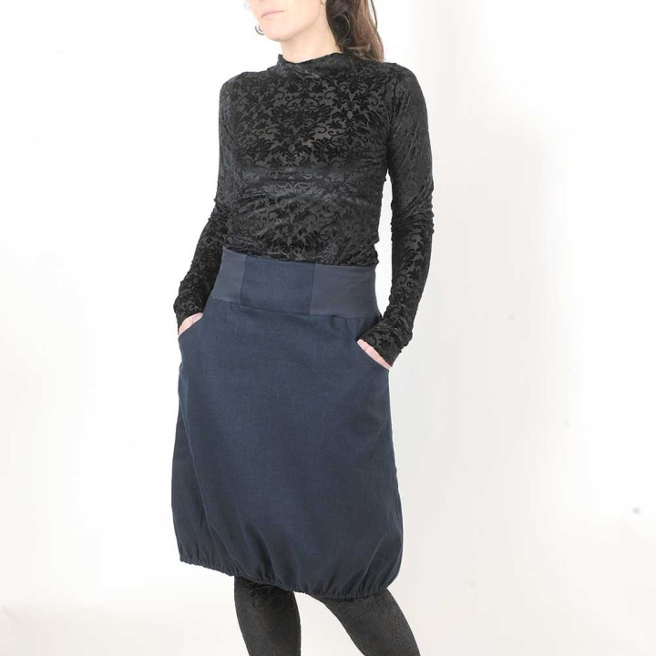 Jupe femme originale de créateur faite main originale lin bleu marine, ceinture stretch