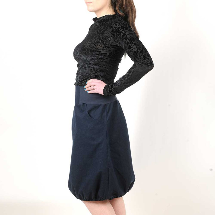 Jupe originale fabriquée en France boule bleu marine lin, ceinture stretch