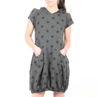 Dark grey hoodie bubble dress with black stars, short sleeves