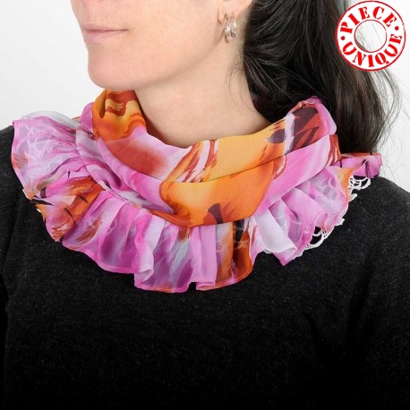 Pink and orange ruffled cowl scarf