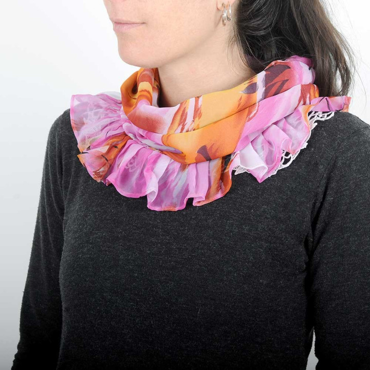 Pink and orange ruffled cowl scarf