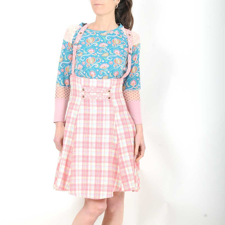 High waisted skirt with suspenders - neon pink, blue, green plaid