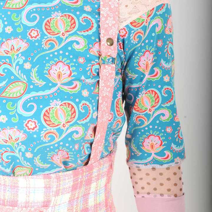 High waisted skirt with suspenders - neon pink, blue, green plaid