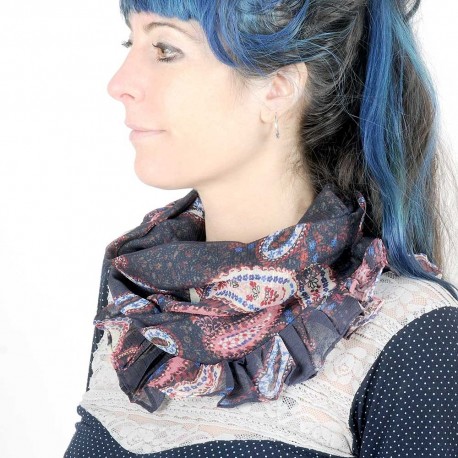 Dark blue paisley print ruffled cowl scarf