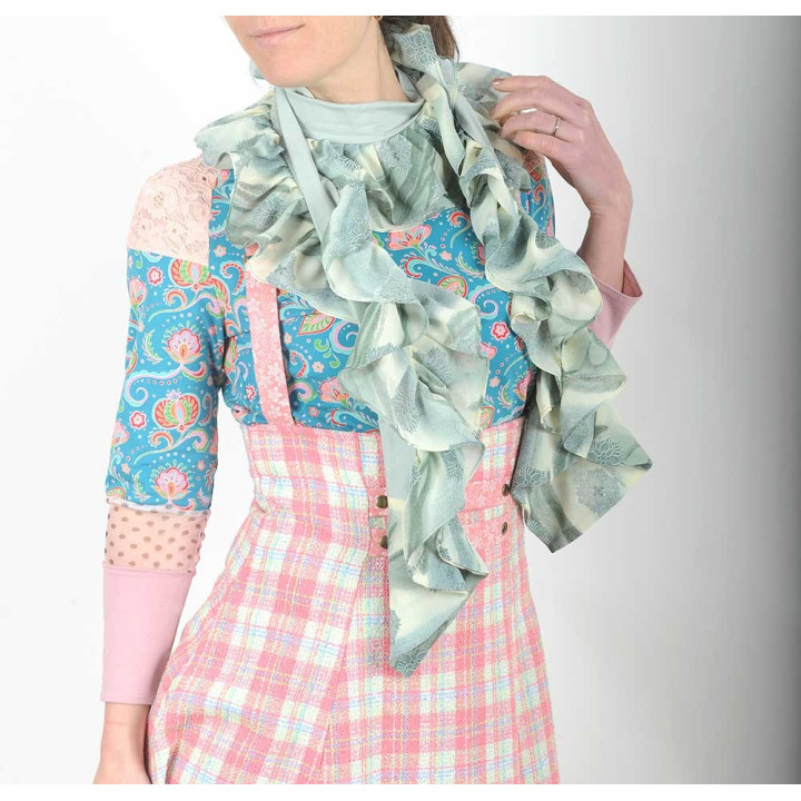 Ruffled pale mint green scarf, jersey and patterned fabric