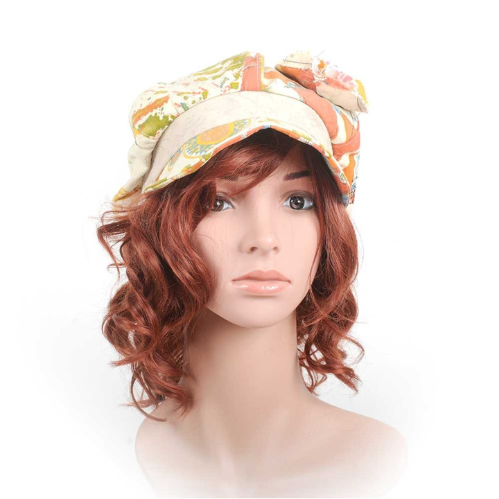Beige and orange newsboy cap hat, Vintage fabric patchwork