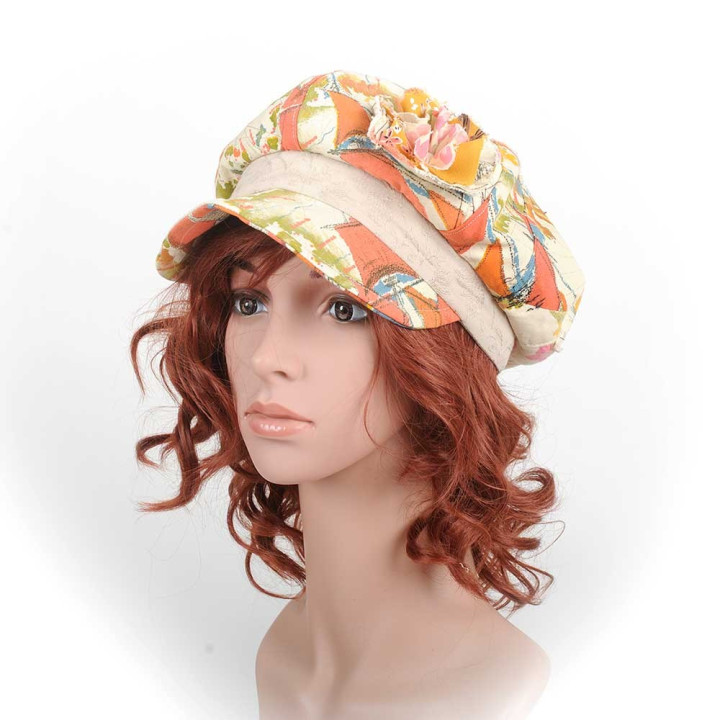 Beige and orange newsboy cap hat, Vintage fabric patchwork