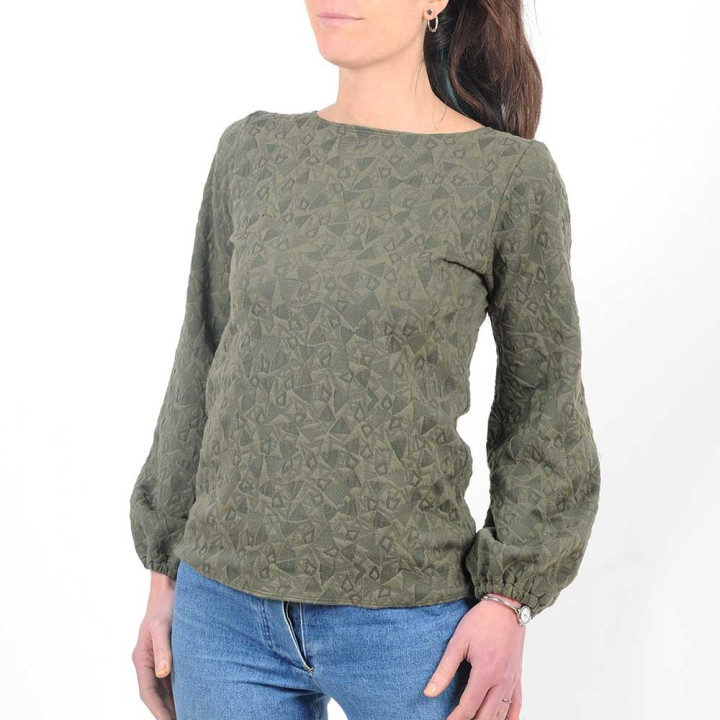 Pull vert kaki texturé créateur fabrication française, manches longues bouffantes