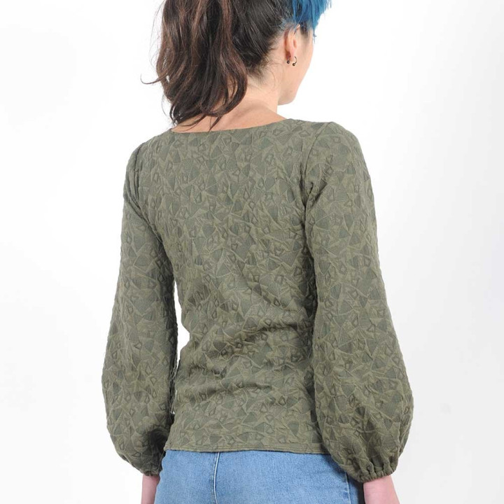 Pull vert kaki texturé, manches longues bouffantes
