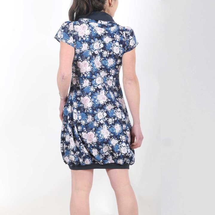 Floral blue jersey bubble dress, short sleeves