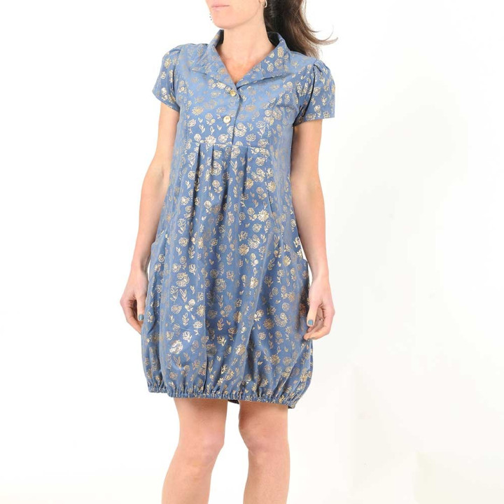 Grey-blue short-sleeved bubble dress with golden foil floral print