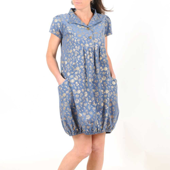 Robe boule bleu-gris et dorée originale fabriquée en France, manches courtes