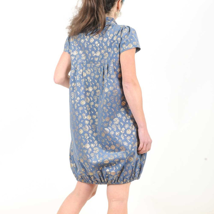 Robe boule bleu-gris et dorée jeune créateur, manches courtes