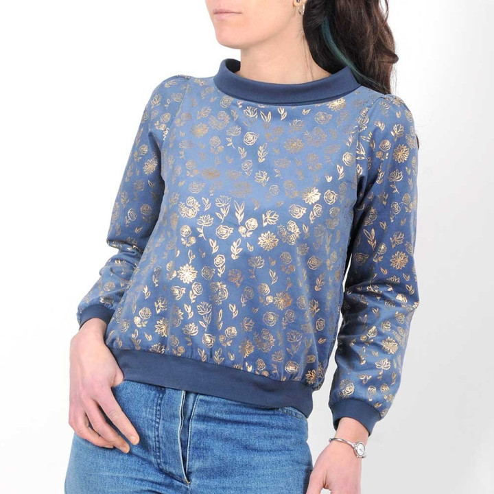 Top original fabriqué en France créateur femme en France imprimé oiseaux colorés, col bateau jaune