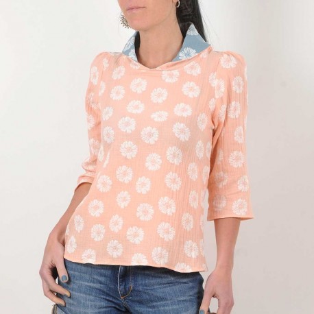 Salmon pink and white floral cotton top with scarf collar