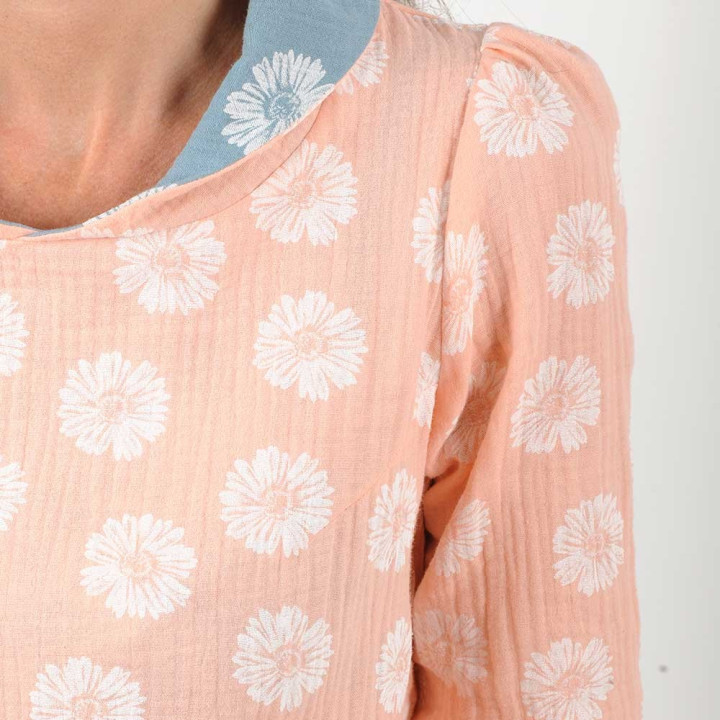 Salmon pink and white floral cotton top with scarf collar