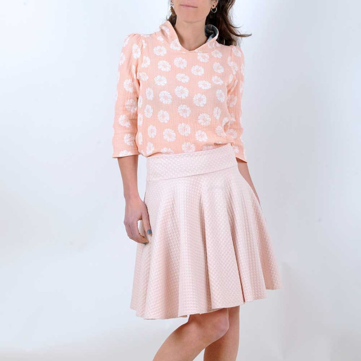 Salmon pink and white floral cotton top with scarf collar