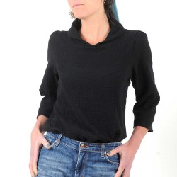 Haut femme créateur fabrication française coton noir broderie anglaise à manches 3/4 et col foulard