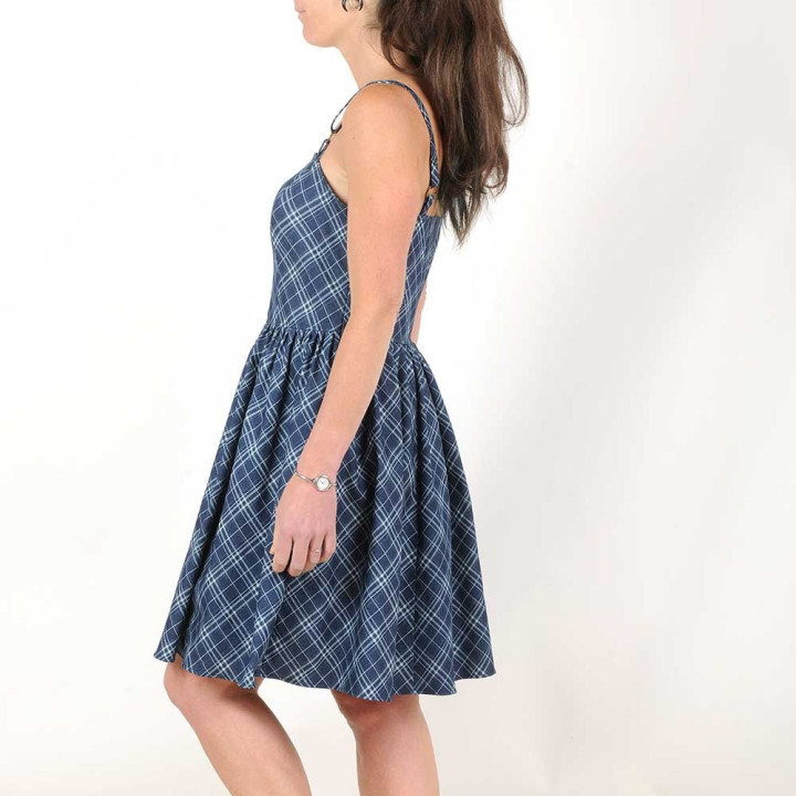 Blue retro cotton dress with thin straps, Checkered print