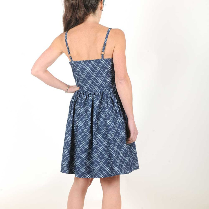 Blue retro cotton dress with thin straps, Checkered print