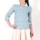 Aqua blue and pink floral cotton top with scarf collar